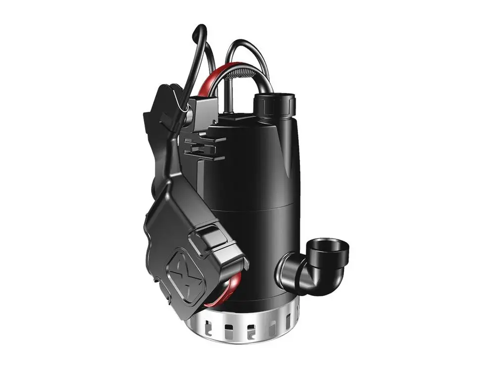 Schwarze Tauchmotorpumpe mit seitlichem Auslass und Anschlussleitungen, hergestellt von Grundfos, zur Kellerentwässerung geeignet.
